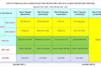 THỰC ĐƠN BÁN TRÚ THÁNG 9 NĂM 2025