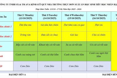 THỰC ĐƠN BÁN TRÚ THÁNG 10 NĂM 2025