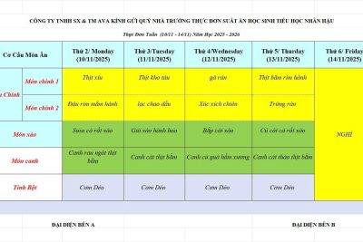 THỰC ĐƠN BÁN TRÚ THÁNG 11 NĂM 2025