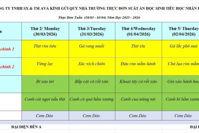THỰC ĐƠN BÁN TRÚ THÁNG 4 NĂM 2026