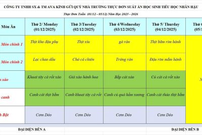 THỰC ĐƠN BÁN TRÚ THÁNG 12 NĂM 2025