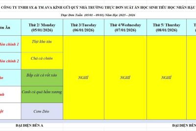 THỰC ĐƠN BÁN TRÚ THÁNG 1 NĂM 2026