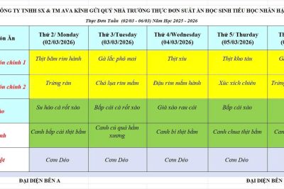 THỰC ĐƠN BÁN TRÚ THÁNG 3 NĂM 2026