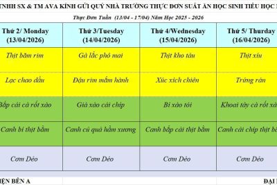 THỰC ĐƠN BÁN TRÚ HỌC SINH TỪ 13/04 ĐẾN 17/04/2026