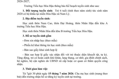 Thông báo về việc tuyển sinh lớp 1 năm học 2026-2027.